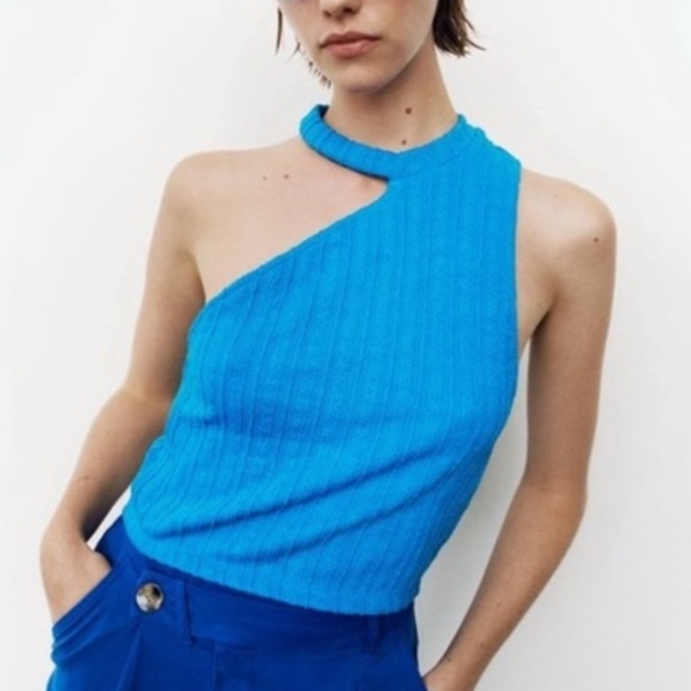 Zara Blue Sleeveless One Shouler Women's Crop Top